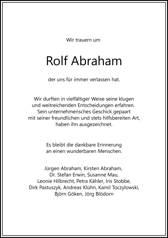 Traueranzeige von Rolf Abraham von Hamburger Abendblatt