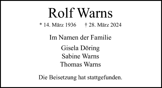 Traueranzeige von Rolf Warns von Hamburger Abendblatt