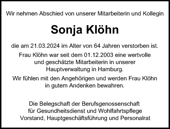 Traueranzeige von Sonja Klöhn von Hamburger Abendblatt