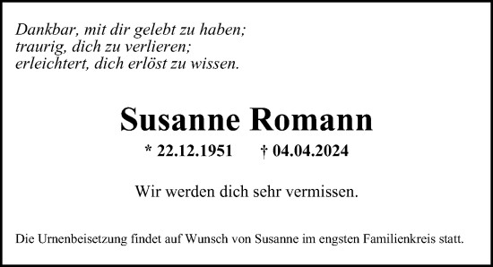 Traueranzeige von Susanne Romann von Hamburger Abendblatt