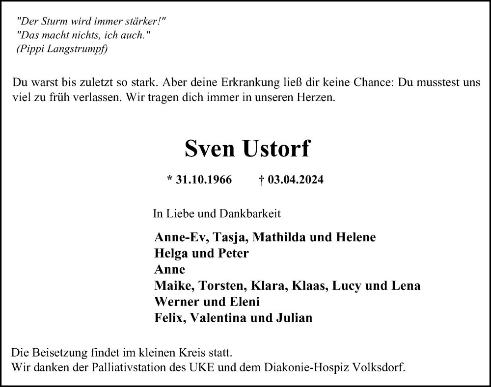  Traueranzeige für Sven Ustorf vom 06.04.2024 aus Hamburger Abendblatt