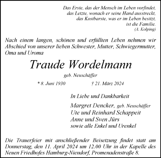 Traueranzeige von Traude Wordelmann 