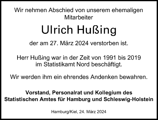 Traueranzeige von Ulrich Hußing von Hamburger Abendblatt