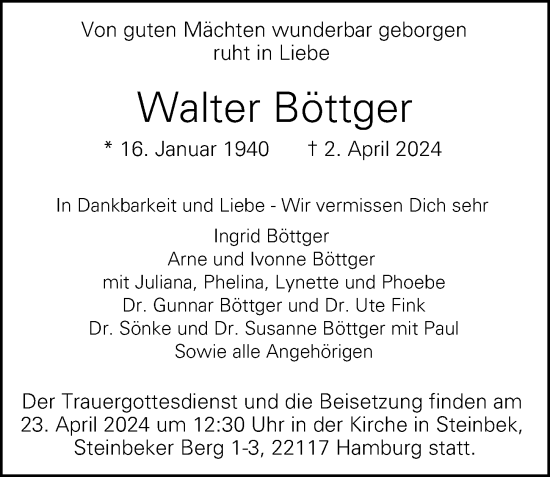 Traueranzeige von Walter Böttger von Hamburger Abendblatt