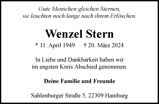 Traueranzeige von Wenzel Stern von Hamburger Abendblatt