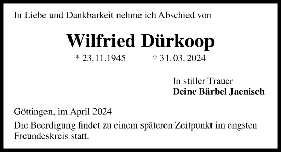 Traueranzeige von Wilfried Dürkoop von Hamburger Abendblatt