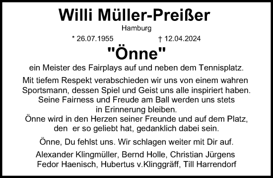 Traueranzeige von Willi Müller-Preißer von Hamburger Abendblatt
