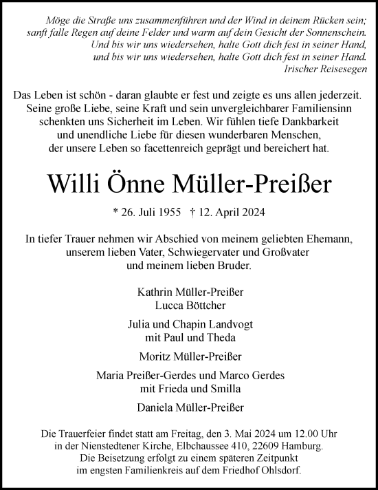 Traueranzeige von Willi Önne Müller-Preißer von Hamburger Abendblatt