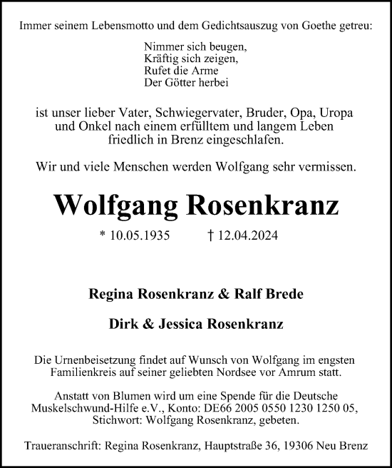 Traueranzeige von Wolfgang Rosenkranz von Bergedorfer Zeitung