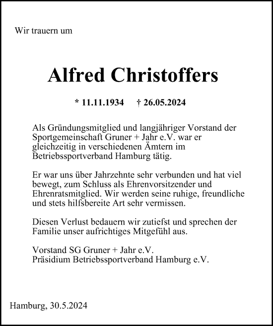 Traueranzeige von Alfred Christoffers von Hamburger Abendblatt