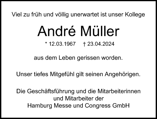 Traueranzeige von André Müller von Hamburger Abendblatt
