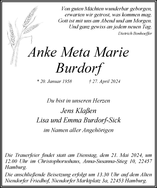 Traueranzeige von Anke Meta Marie Burdorf von Hamburger Abendblatt