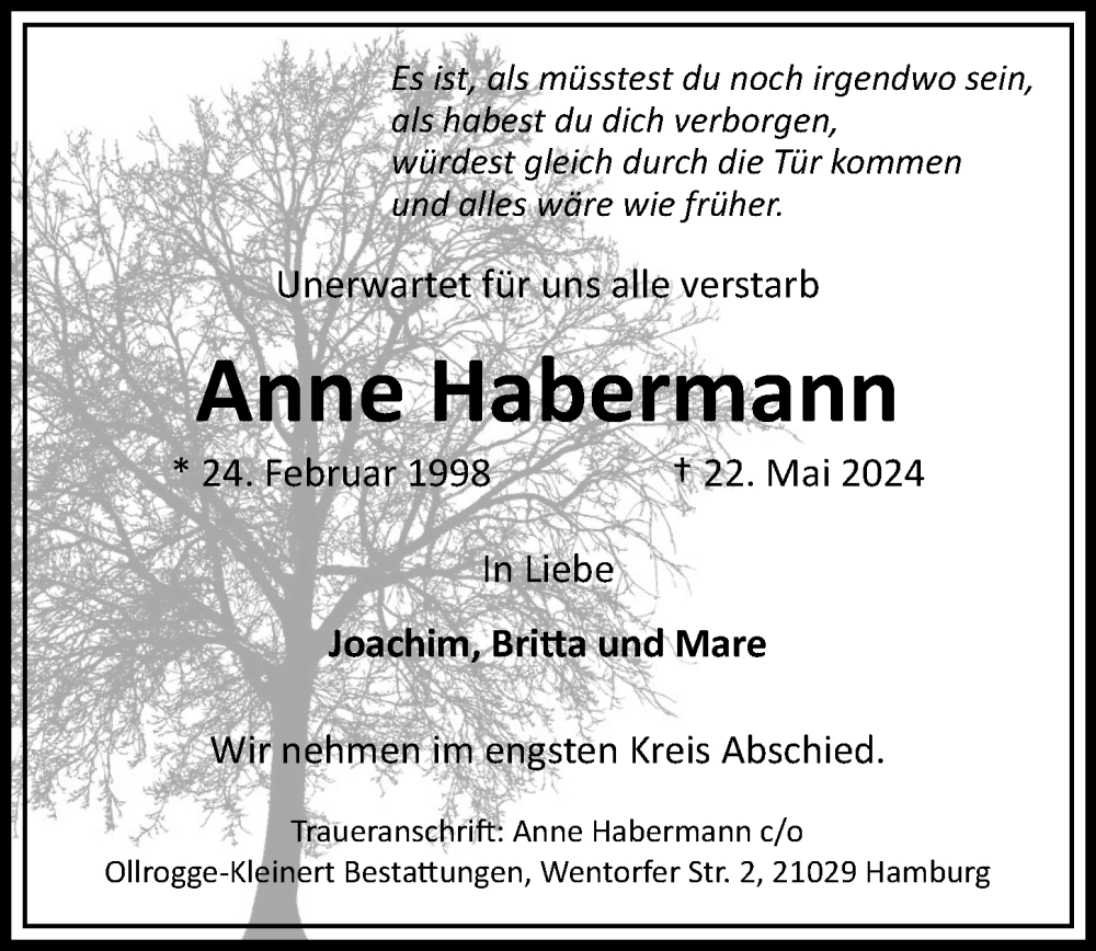  Traueranzeige für Anne Habermann vom 01.06.2024 aus Bergedorfer Zeitung