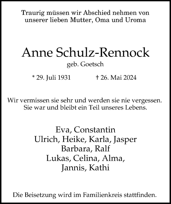 Traueranzeige von Anne Schulz-Rennock von Hamburger Abendblatt