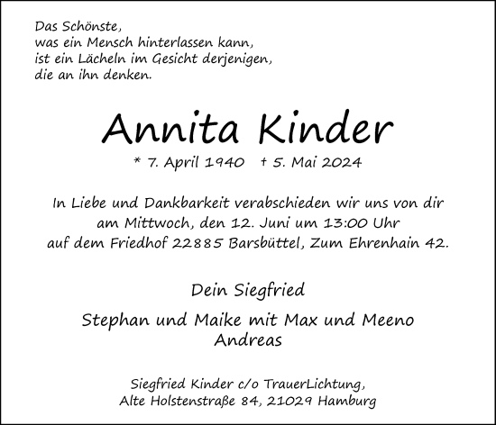 Traueranzeige von Annita Kinder 