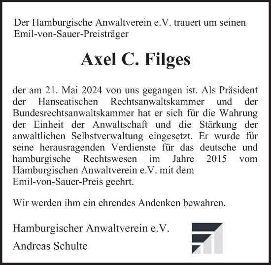 Traueranzeige von Axel C. Filges von Hamburger Abendblatt
