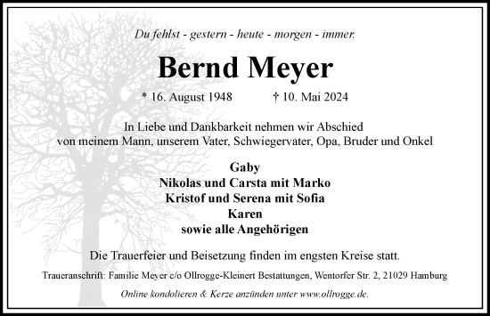 Traueranzeige von Bernd Meyer von Bergedorfer Zeitung