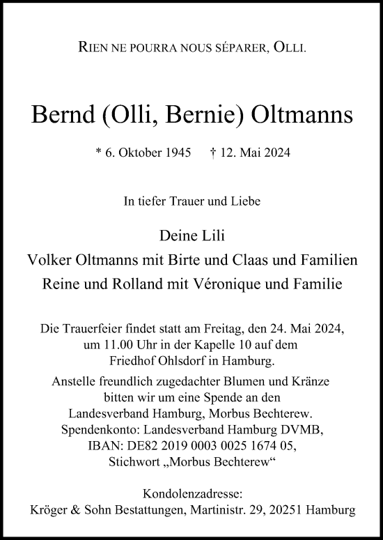 Traueranzeige von Bernd Oltmanns von Hamburger Abendblatt