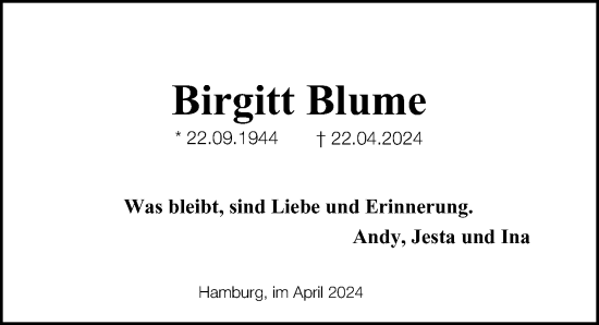 Traueranzeige von Birgitt Blume von Hamburger Abendblatt