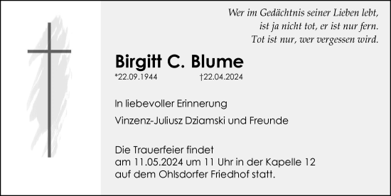 Traueranzeige von Birgitt C. Blume von Hamburger Abendblatt