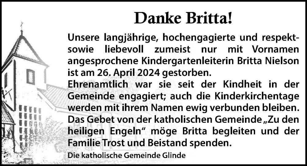  Traueranzeige für Britta Nielson vom 08.05.2024 aus 