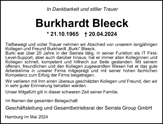 Traueranzeige von Burkhardt Bleeck von Hamburger Abendblatt