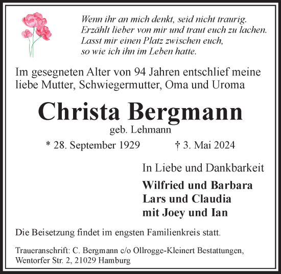 Traueranzeige von Christa Bergmann von Bergedorfer Zeitung