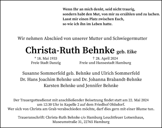 Traueranzeige von Christa-Ruth Behnke von Hamburger Abendblatt
