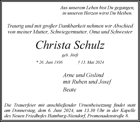 Traueranzeige von Christa Schulz 