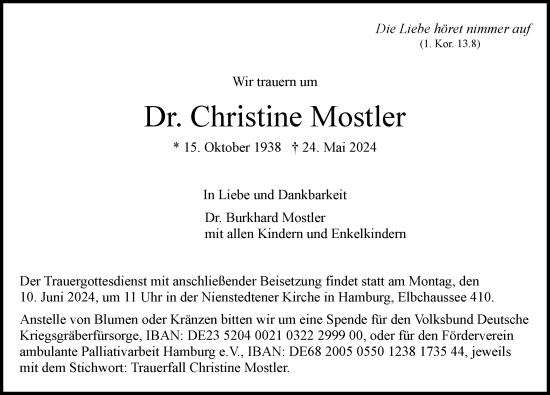 Traueranzeige von Christine Mostler von Hamburger Abendblatt