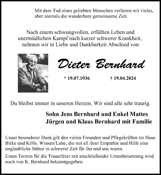 Traueranzeige von Dieter Bernhard von Hamburger Abendblatt