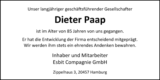 Traueranzeige von Dieter Paap von Hamburger Abendblatt