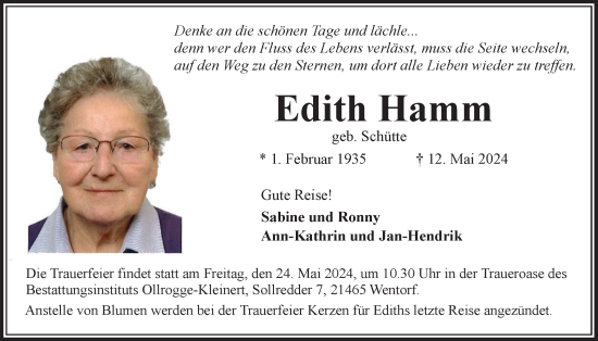 Traueranzeige von Edith Hamm von Bergedorfer Zeitung