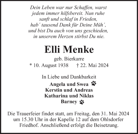 Traueranzeige von Elli Menke von Bergedorfer Zeitung