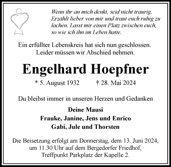 Traueranzeige von Engelhard Hoepfner von Bergedorfer Zeitung