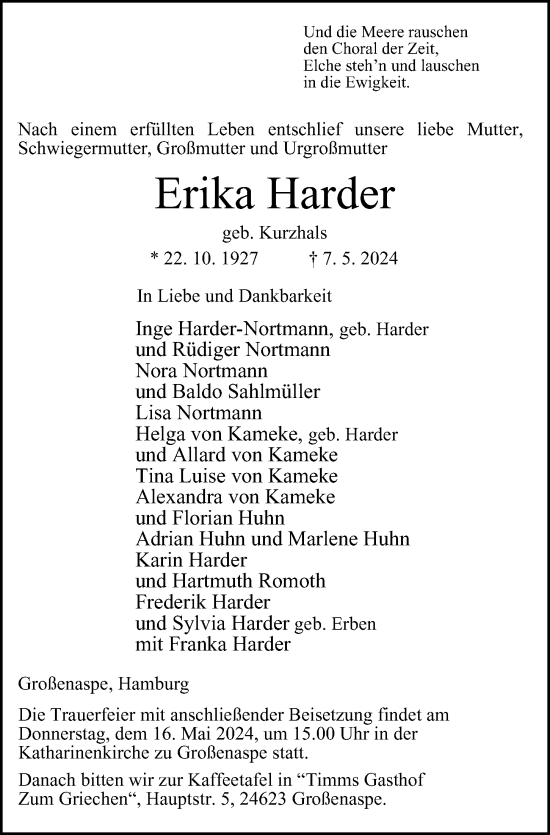 Traueranzeige von Erika Harder von Hamburger Abendblatt