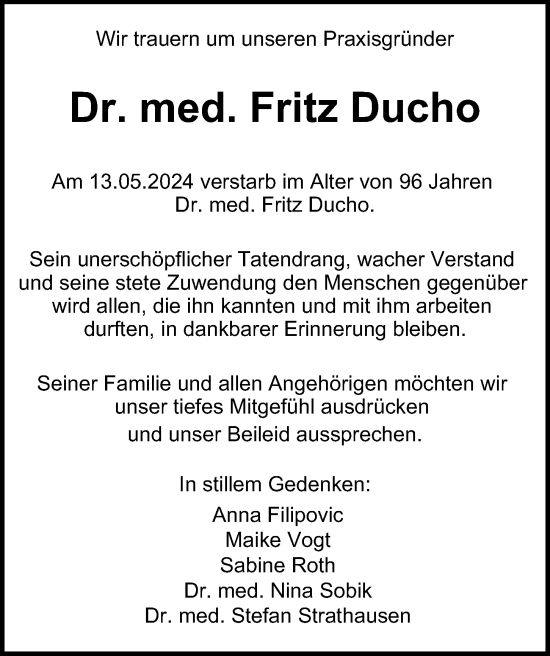 Traueranzeige von Fritz Ducho von Hamburger Abendblatt