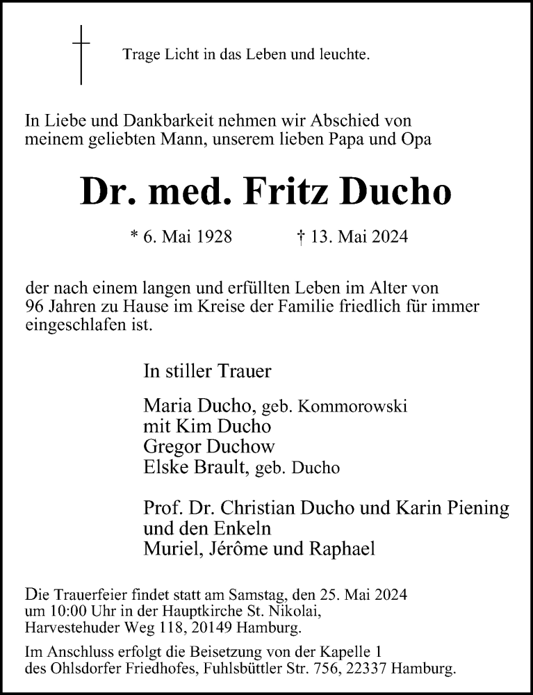  Traueranzeige für Fritz Ducho vom 18.05.2024 aus Hamburger Abendblatt