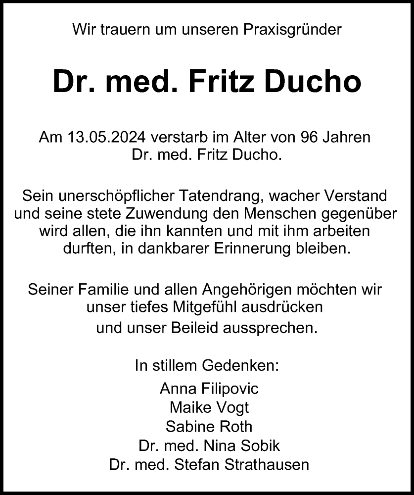  Traueranzeige für Fritz Ducho vom 18.05.2024 aus Hamburger Abendblatt