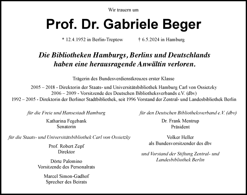  Traueranzeige für Gabriele Beger vom 25.05.2024 aus Hamburger Abendblatt