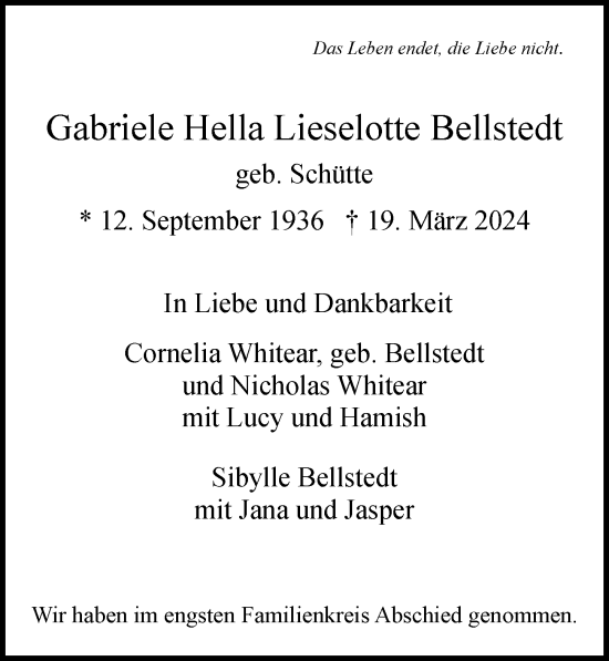 Traueranzeige von Gabriele Hella Lieselotte Bellstedt von Hamburger Abendblatt