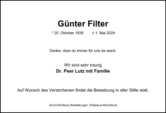 Traueranzeige von Günter Filter von Hamburger Abendblatt