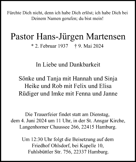 Traueranzeige von Hans-Jürgen Martensen von Hamburger Abendblatt