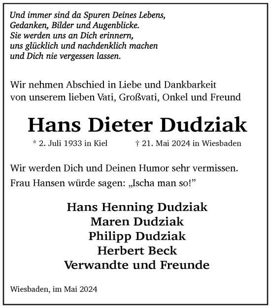 Traueranzeige von Hans Dieter Dudziak von Bergedorfer Zeitung