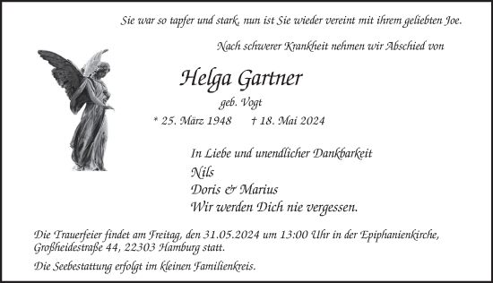 Traueranzeige von Helga Gartner von Hamburger Abendblatt