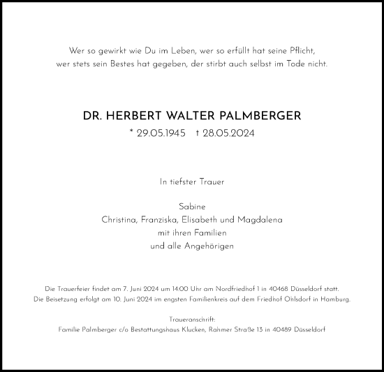 Traueranzeige von Herbert Walter Palmberger von Hamburger Abendblatt