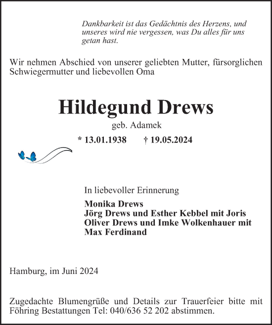Traueranzeige von Hildegund Drews von Hamburger Abendblatt