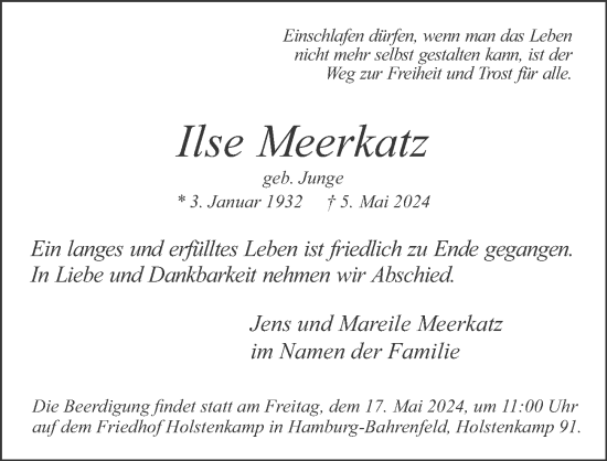 Traueranzeige von Ilse Meerkatz von Hamburger Abendblatt