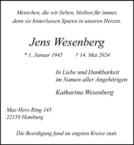 Traueranzeige von Jens Wesenberg von Hamburger Abendblatt