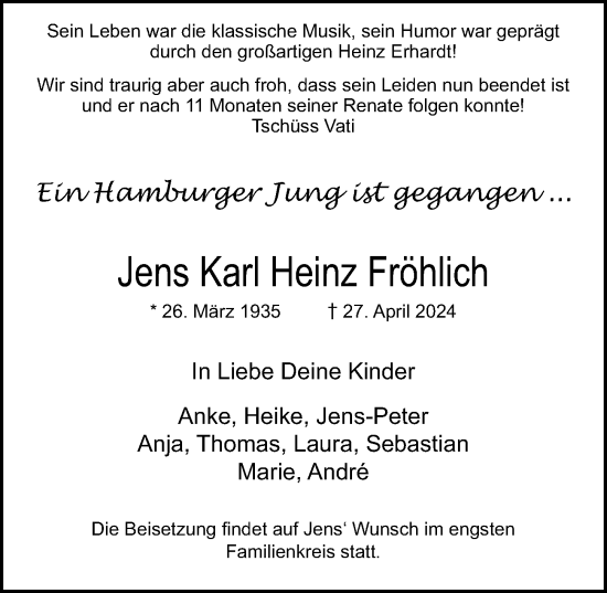 Traueranzeige von Jens Karl Heinz Fröhlich von Hamburger Abendblatt